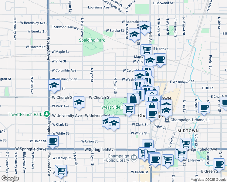 map of restaurants, bars, coffee shops, grocery stores, and more near 309 West Hill Street in Champaign