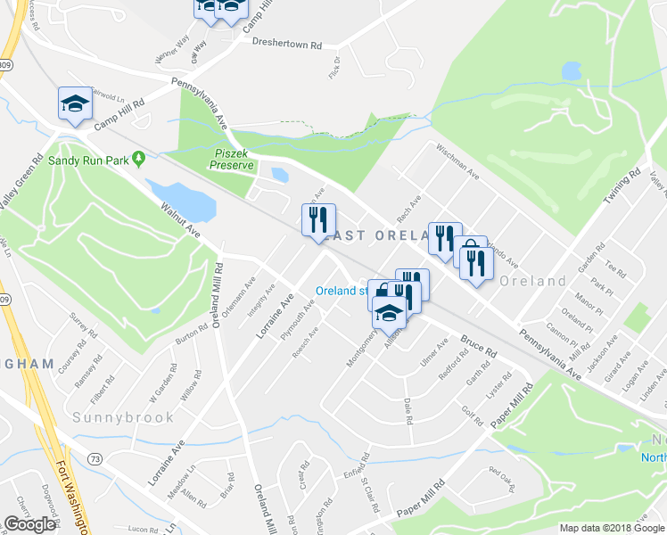 map of restaurants, bars, coffee shops, grocery stores, and more near 105 Plymouth Avenue in Oreland