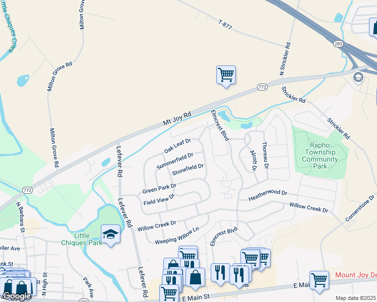 map of restaurants, bars, coffee shops, grocery stores, and more near 5251 Summerfield Drive in Mount Joy