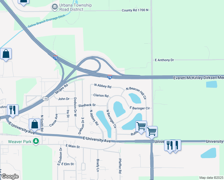map of restaurants, bars, coffee shops, grocery stores, and more near 2901 Haydon Drive in Urbana