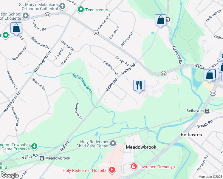 map of restaurants, bars, coffee shops, grocery stores, and more near 989 Springhouse Road in Meadowbrook