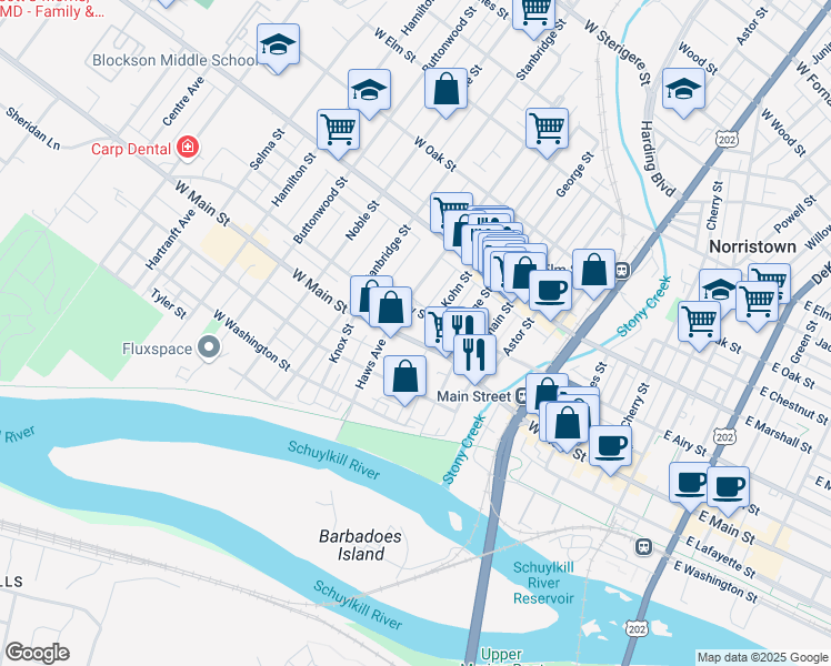 map of restaurants, bars, coffee shops, grocery stores, and more near 623 West Main Street in Norristown