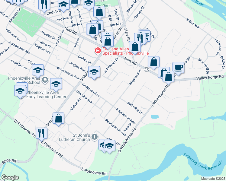 map of restaurants, bars, coffee shops, grocery stores, and more near 36 Kenalcon Drive in Phoenixville