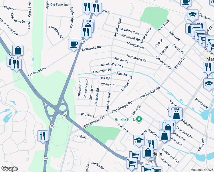 map of restaurants, bars, coffee shops, grocery stores, and more near 1203 Bayberry Road in Manasquan