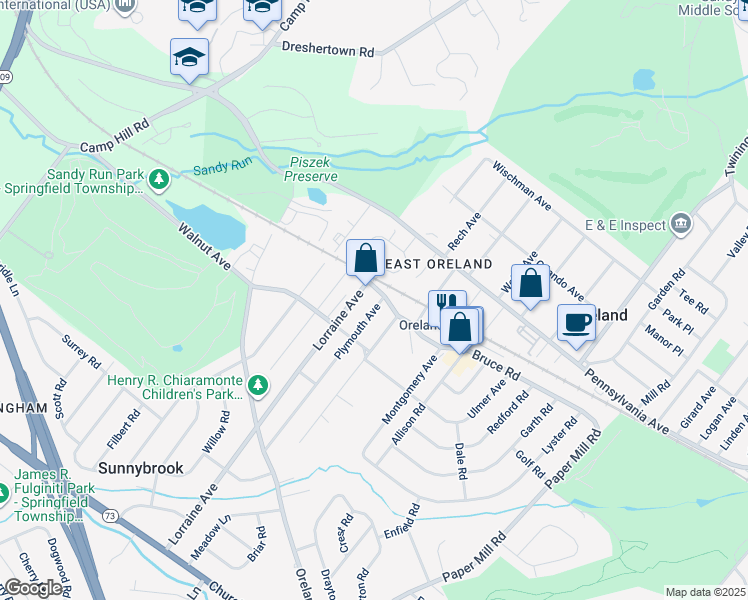 map of restaurants, bars, coffee shops, grocery stores, and more near 107 Plymouth Avenue in Oreland