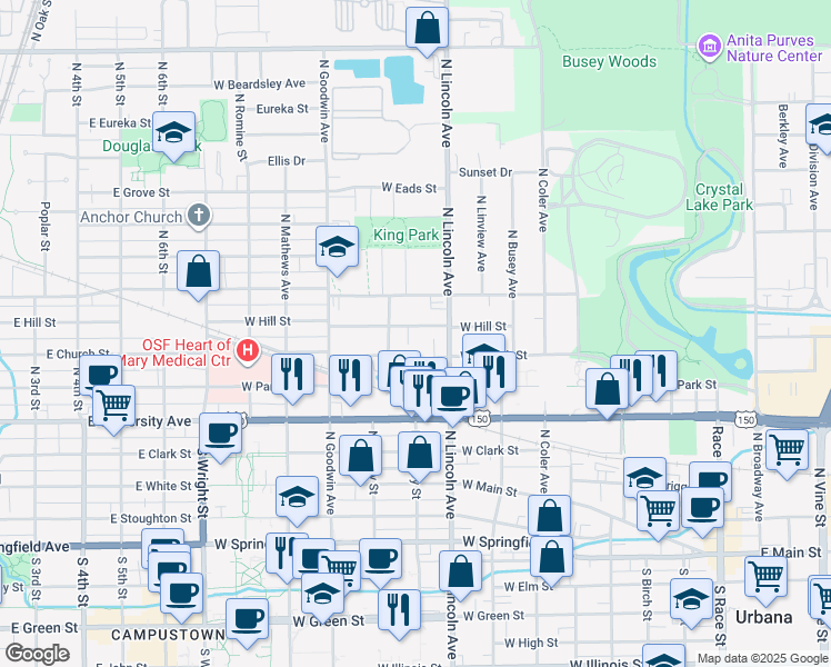 map of restaurants, bars, coffee shops, grocery stores, and more near 911 West Hill Street in Urbana