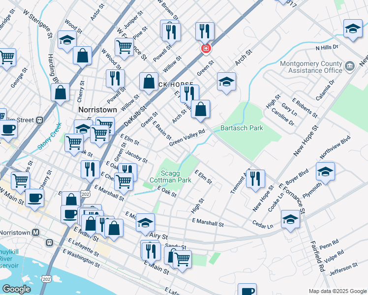 map of restaurants, bars, coffee shops, grocery stores, and more near 423 East Basin Street in Norristown