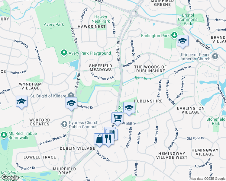 map of restaurants, bars, coffee shops, grocery stores, and more near 6016 Brigids Close Dr in Dublin
