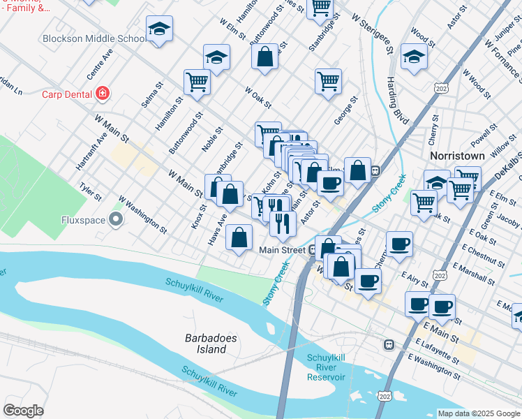 map of restaurants, bars, coffee shops, grocery stores, and more near 612 West Airy Street in Norristown