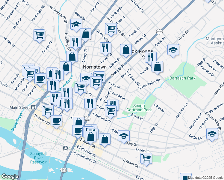 map of restaurants, bars, coffee shops, grocery stores, and more near 902 Green Street in Norristown