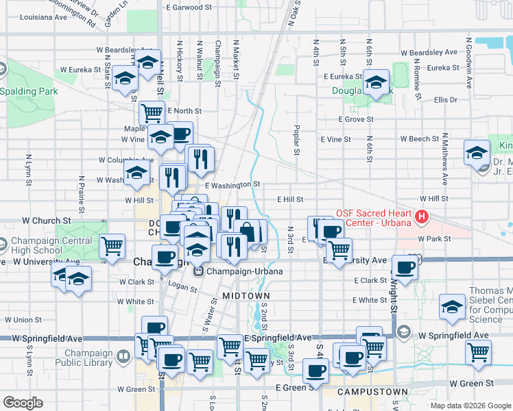 map of restaurants, bars, coffee shops, grocery stores, and more near 109 East Hill Street in Champaign