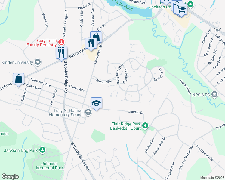map of restaurants, bars, coffee shops, grocery stores, and more near 704 Goldthread Court in Jackson Township