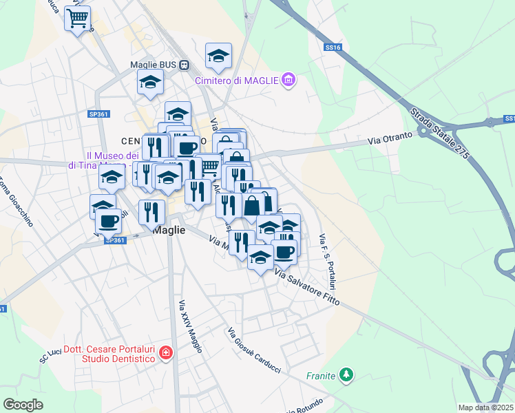 map of restaurants, bars, coffee shops, grocery stores, and more near 131 Via Cesare Battisti in Maglie