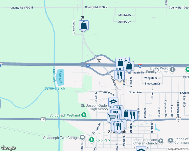 map of restaurants, bars, coffee shops, grocery stores, and more near 202 Western Drive in Saint Joseph