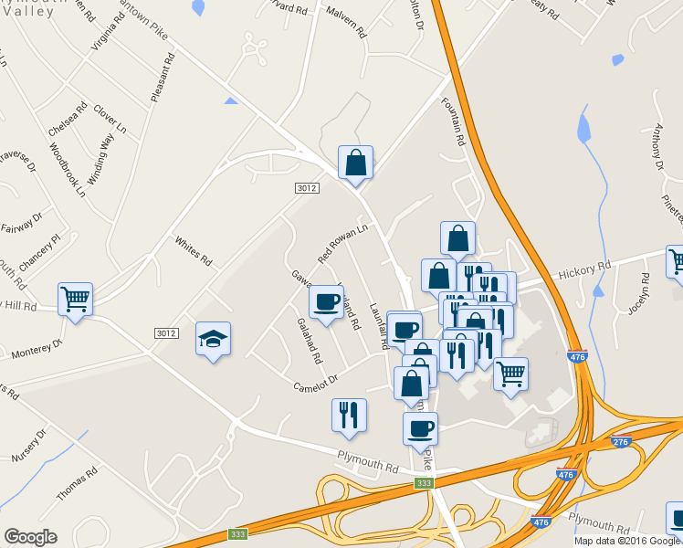 map of restaurants, bars, coffee shops, grocery stores, and more near 626 Wayland Road in Plymouth Meeting