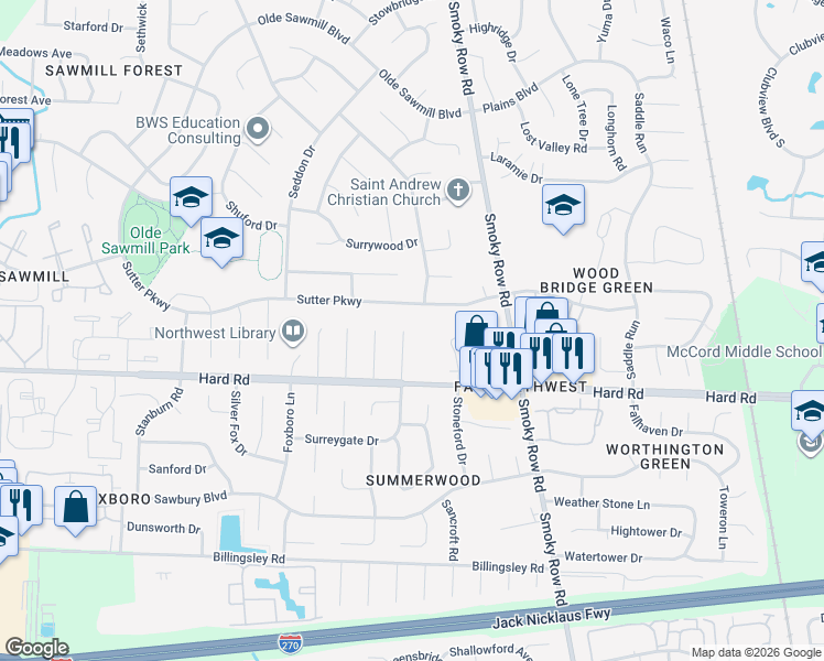 map of restaurants, bars, coffee shops, grocery stores, and more near 7756 Schoolway Ct in Dublin