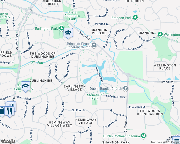 map of restaurants, bars, coffee shops, grocery stores, and more near 5444 Dunmere Lane in Dublin