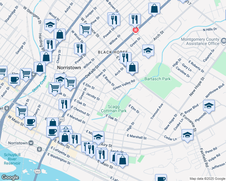 map of restaurants, bars, coffee shops, grocery stores, and more near 401 East Spruce Street in Norristown