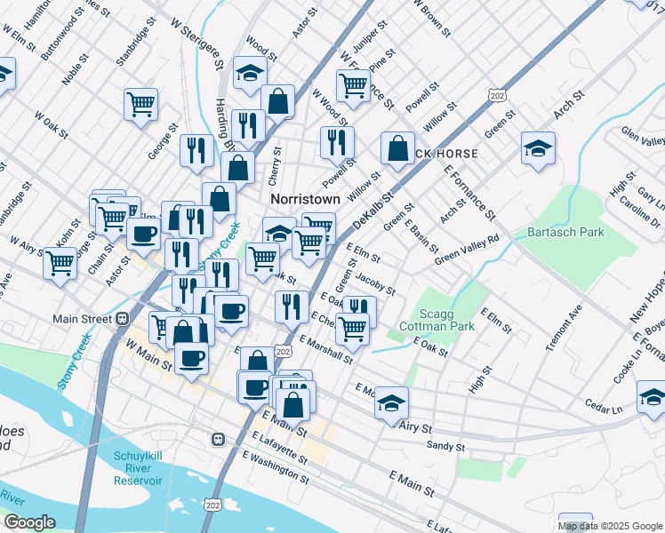 map of restaurants, bars, coffee shops, grocery stores, and more near 827 U.S. 202 in Norristown