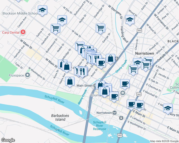 map of restaurants, bars, coffee shops, grocery stores, and more near 525 Astor Street in Norristown
