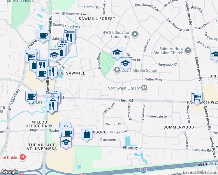 map of restaurants, bars, coffee shops, grocery stores, and more near 2432 Graylake Court in Dublin