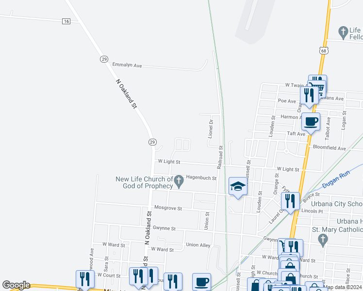 map of restaurants, bars, coffee shops, grocery stores, and more near 630 West Light Street in Urbana