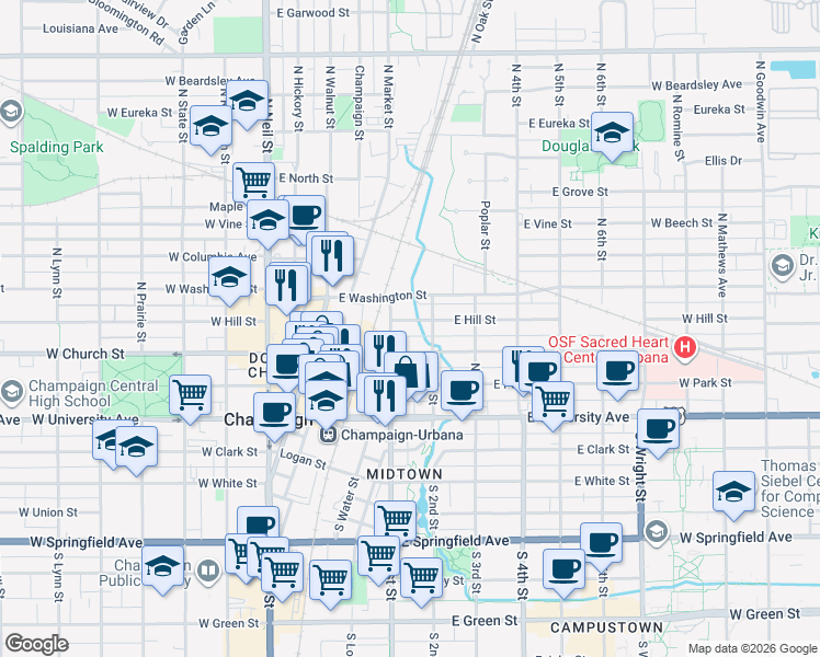 map of restaurants, bars, coffee shops, grocery stores, and more near 109 East Hill Street in Champaign