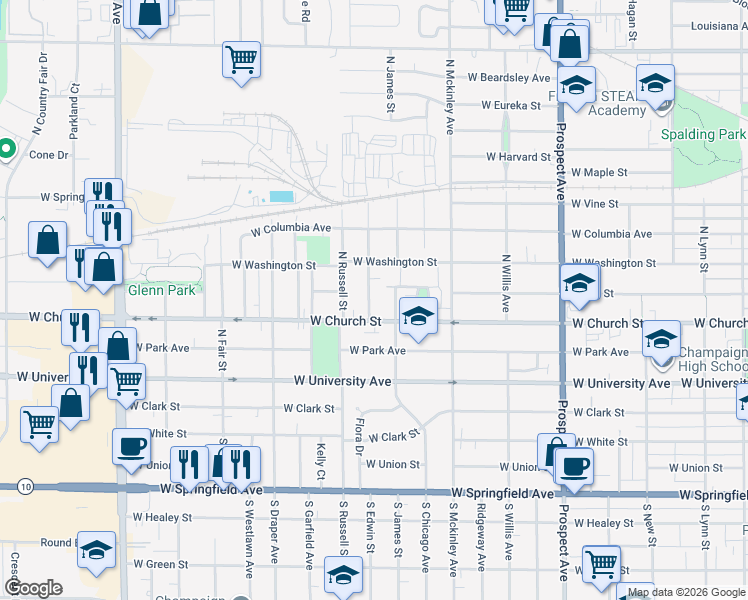 map of restaurants, bars, coffee shops, grocery stores, and more near 308 North Edwin Street in Champaign