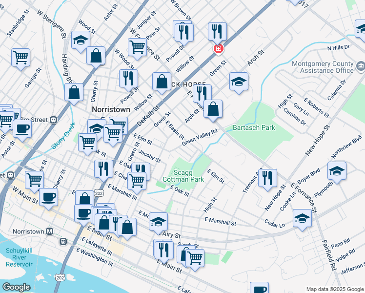 map of restaurants, bars, coffee shops, grocery stores, and more near 401 East Spruce Street in Norristown