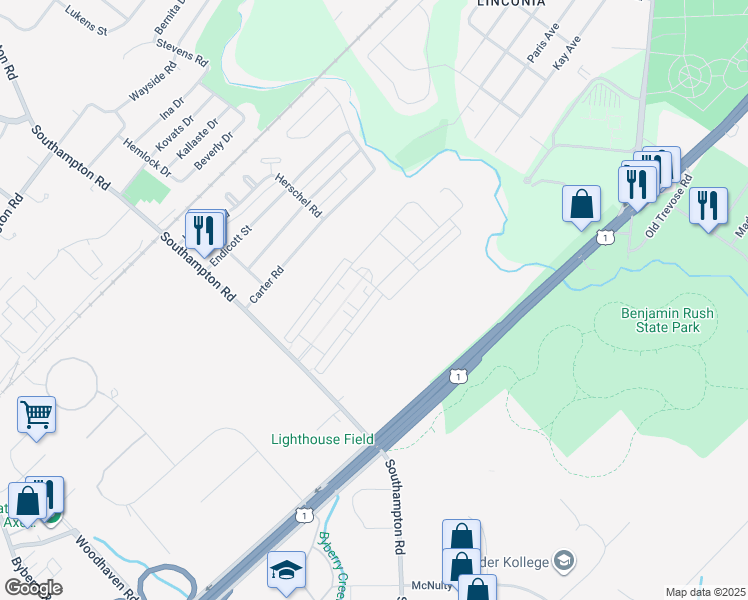 map of restaurants, bars, coffee shops, grocery stores, and more near 15069 Sunflower Drive in Philadelphia