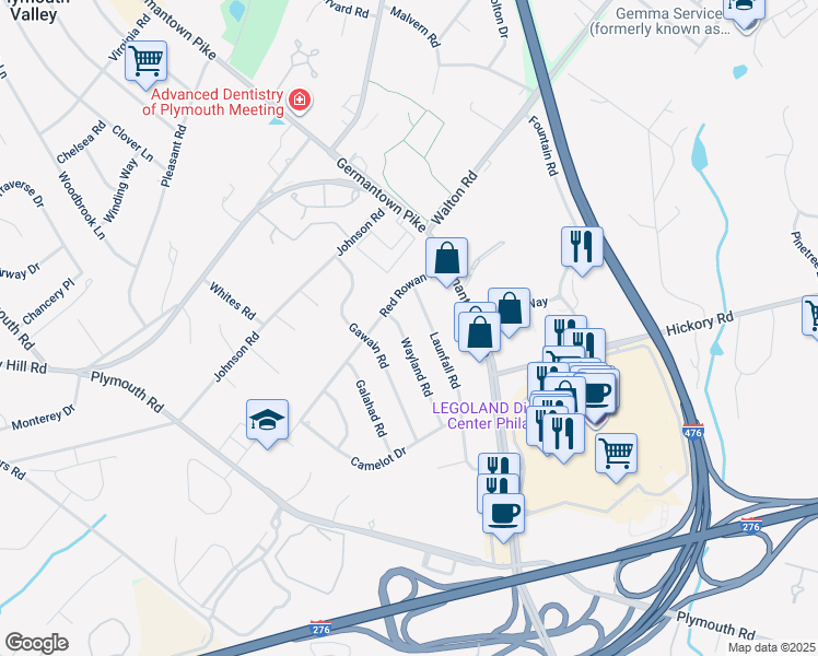 map of restaurants, bars, coffee shops, grocery stores, and more near 626 Wayland Road in Plymouth Meeting