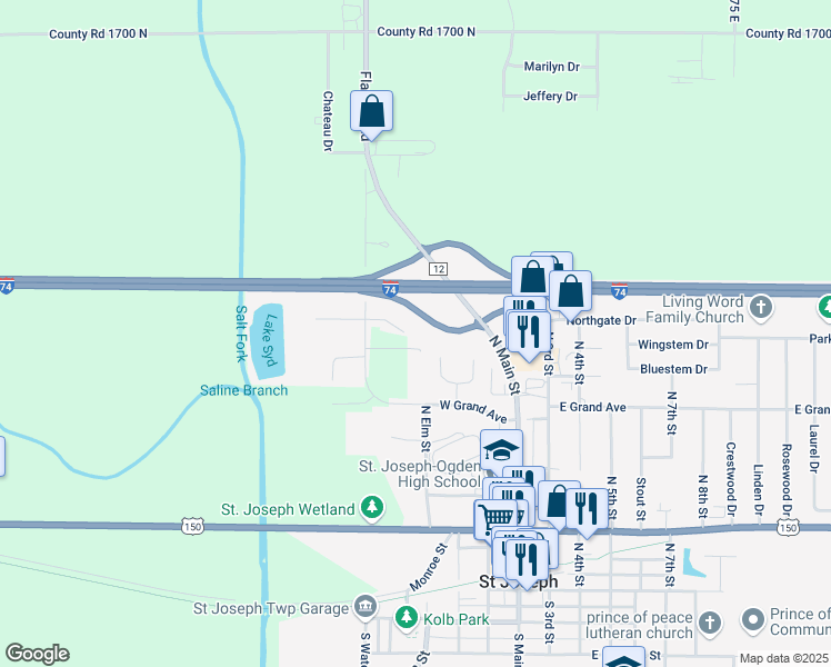 map of restaurants, bars, coffee shops, grocery stores, and more near 202 Western Drive in Saint Joseph
