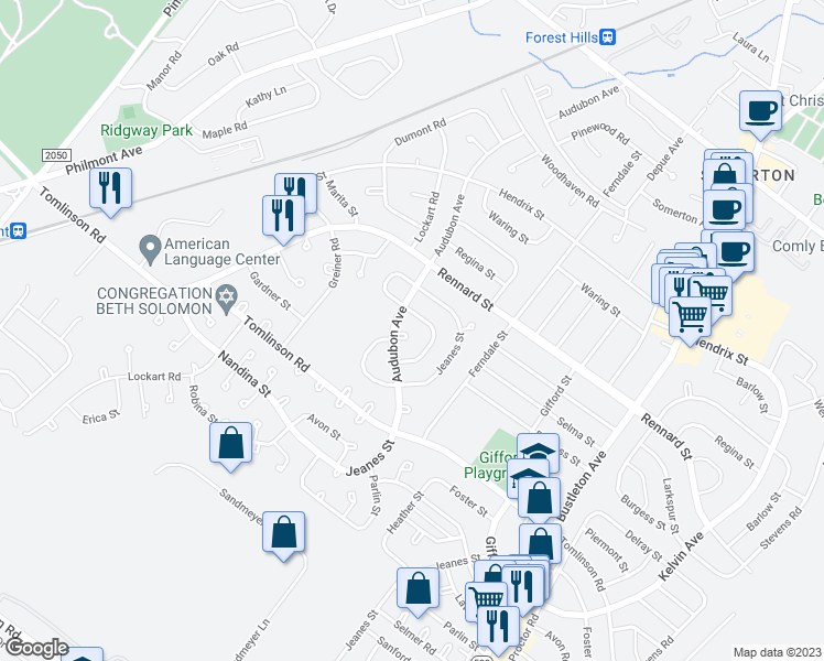 map of restaurants, bars, coffee shops, grocery stores, and more near 407 Audubon Plaza in Philadelphia