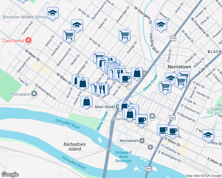 map of restaurants, bars, coffee shops, grocery stores, and more near 525 Astor Street in Norristown