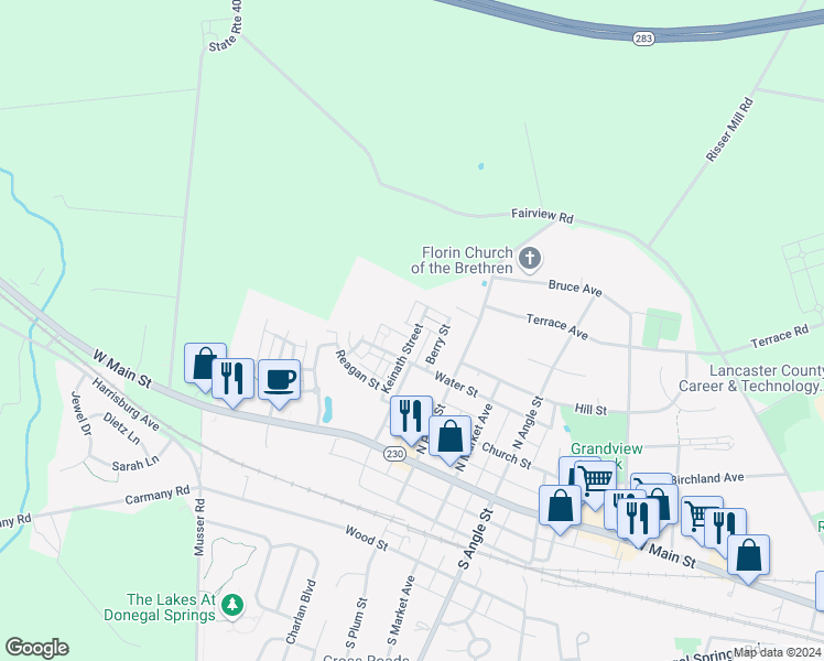 map of restaurants, bars, coffee shops, grocery stores, and more near 1000 Ashworth Street in Mount Joy