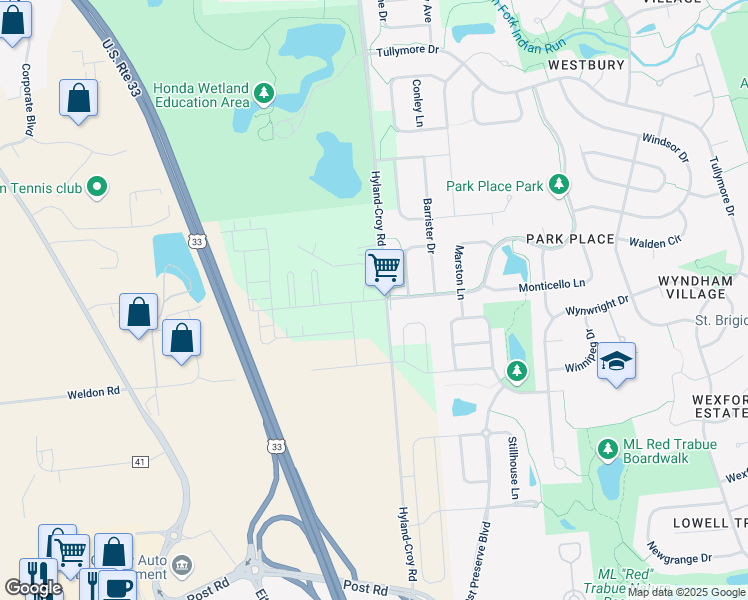 map of restaurants, bars, coffee shops, grocery stores, and more near 7437 Hyland-Croy Road in Plain City