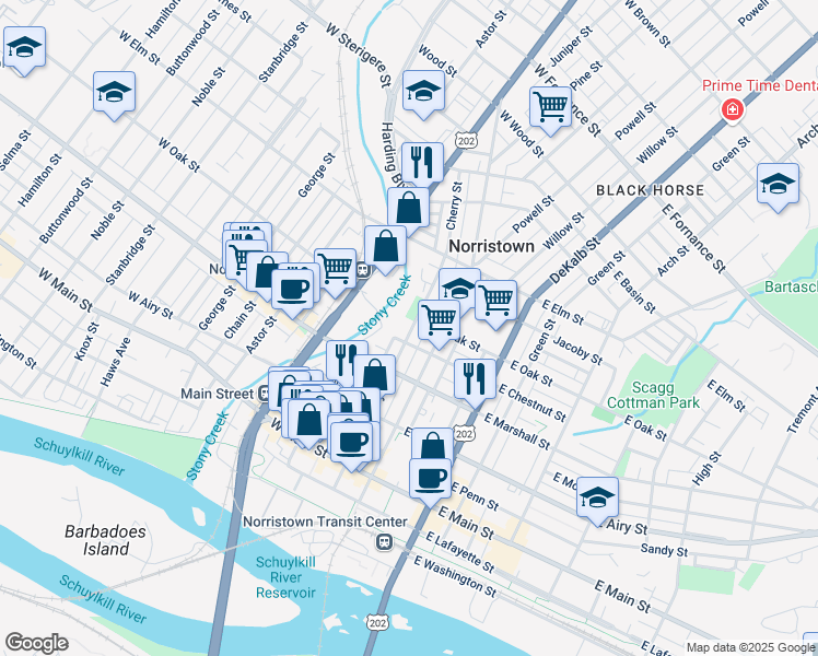 map of restaurants, bars, coffee shops, grocery stores, and more near 717 Cherry Street in Norristown