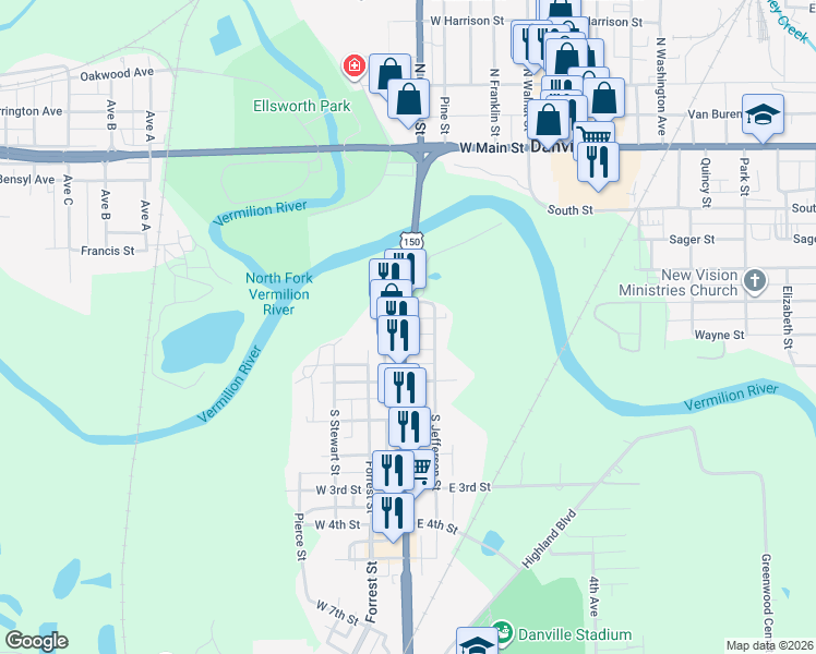 map of restaurants, bars, coffee shops, grocery stores, and more near 126-198 South Gilbert Street in Danville