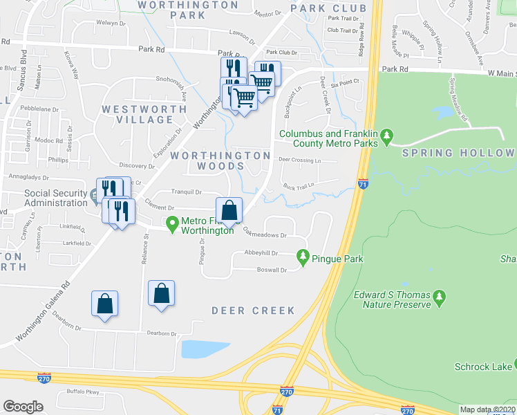 map of restaurants, bars, coffee shops, grocery stores, and more near 1451 Worthington Woods Boulevard in Columbus