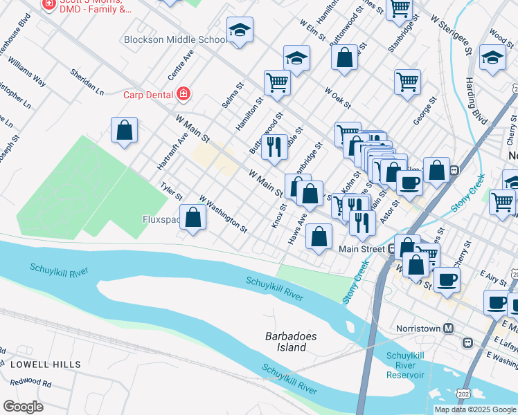 map of restaurants, bars, coffee shops, grocery stores, and more near 913 West Lafayette Street in Norristown