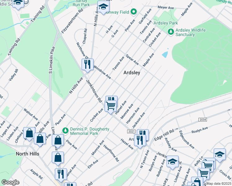 map of restaurants, bars, coffee shops, grocery stores, and more near 653 Cricket Avenue in Glenside