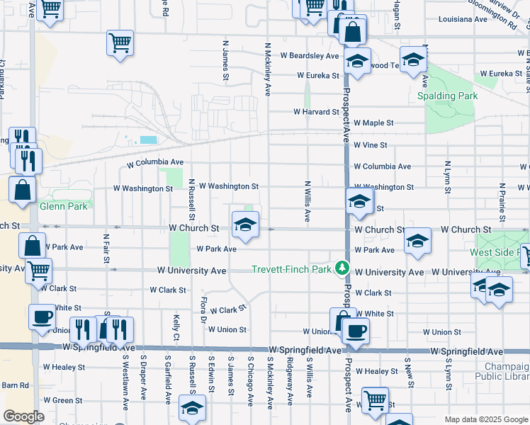 map of restaurants, bars, coffee shops, grocery stores, and more near 307 North Mckinley Avenue in Champaign
