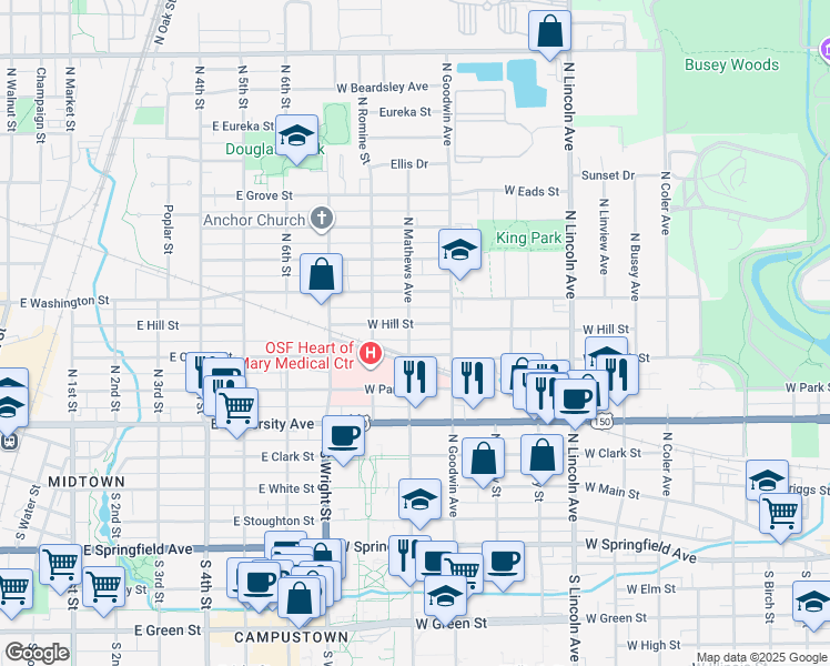 map of restaurants, bars, coffee shops, grocery stores, and more near 1211 W Hill St in Urbana