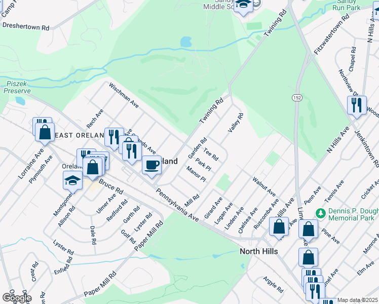 map of restaurants, bars, coffee shops, grocery stores, and more near 141 Garden Road in Oreland