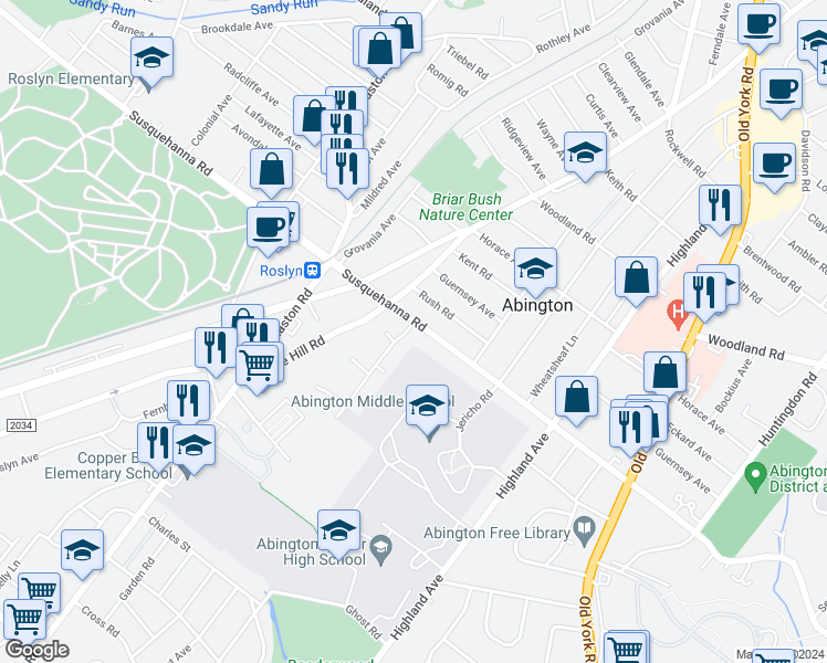 map of restaurants, bars, coffee shops, grocery stores, and more near 2152 Susquehanna Road in Abington