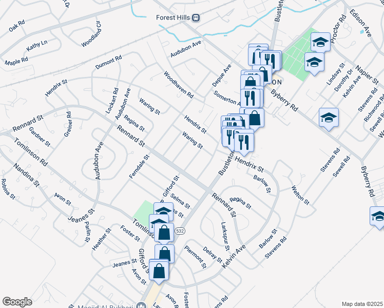 map of restaurants, bars, coffee shops, grocery stores, and more near 11620 Gifford Street in Philadelphia