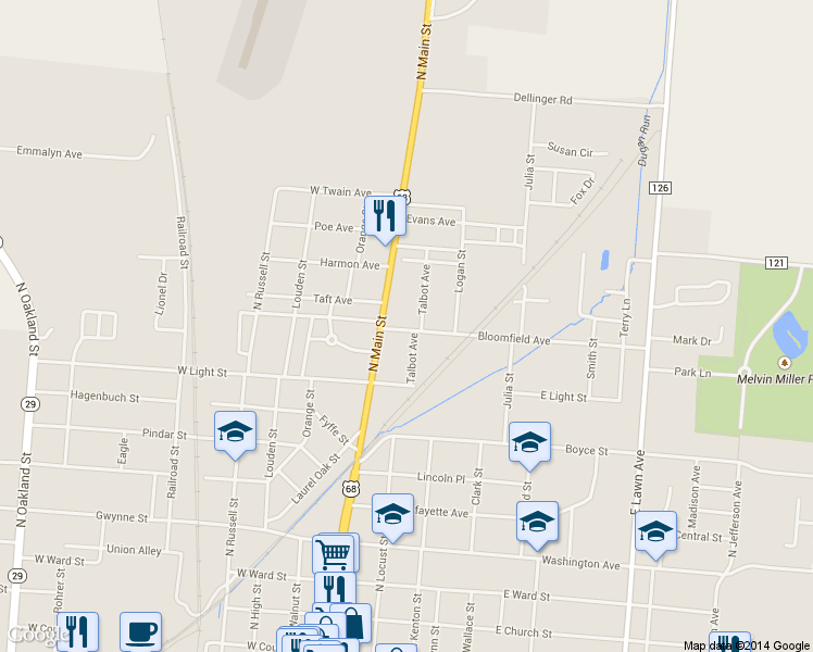 map of restaurants, bars, coffee shops, grocery stores, and more near 122 Bloomfield Avenue in Urbana