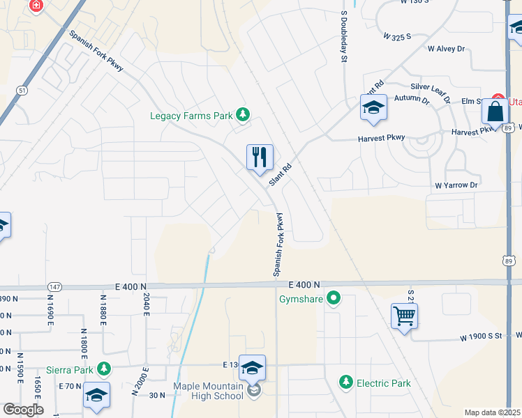 map of restaurants, bars, coffee shops, grocery stores, and more near 737 North Plainsman Drive in Spanish Fork