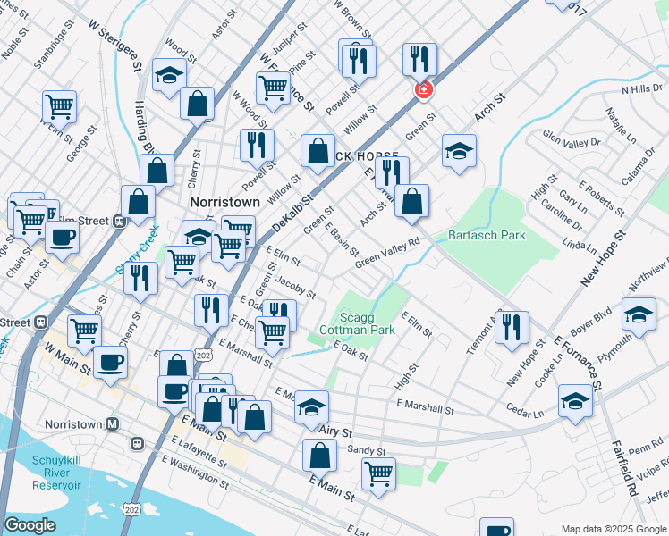 map of restaurants, bars, coffee shops, grocery stores, and more near 1012 Arch Street in Norristown