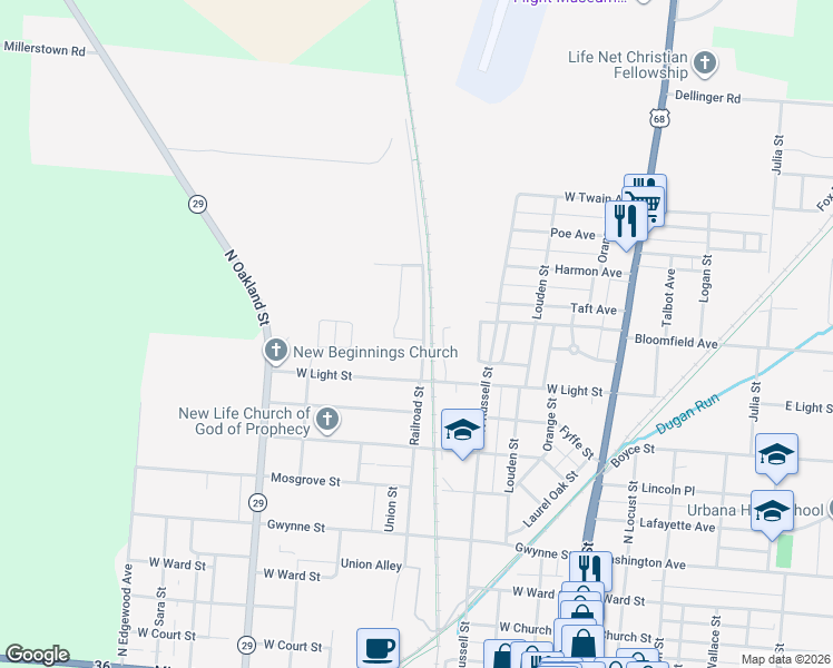 map of restaurants, bars, coffee shops, grocery stores, and more near 510 Kellie Drive in Urbana